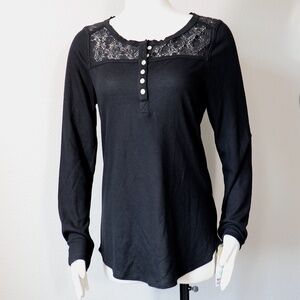Long sleeve black thermal henley with lace detail